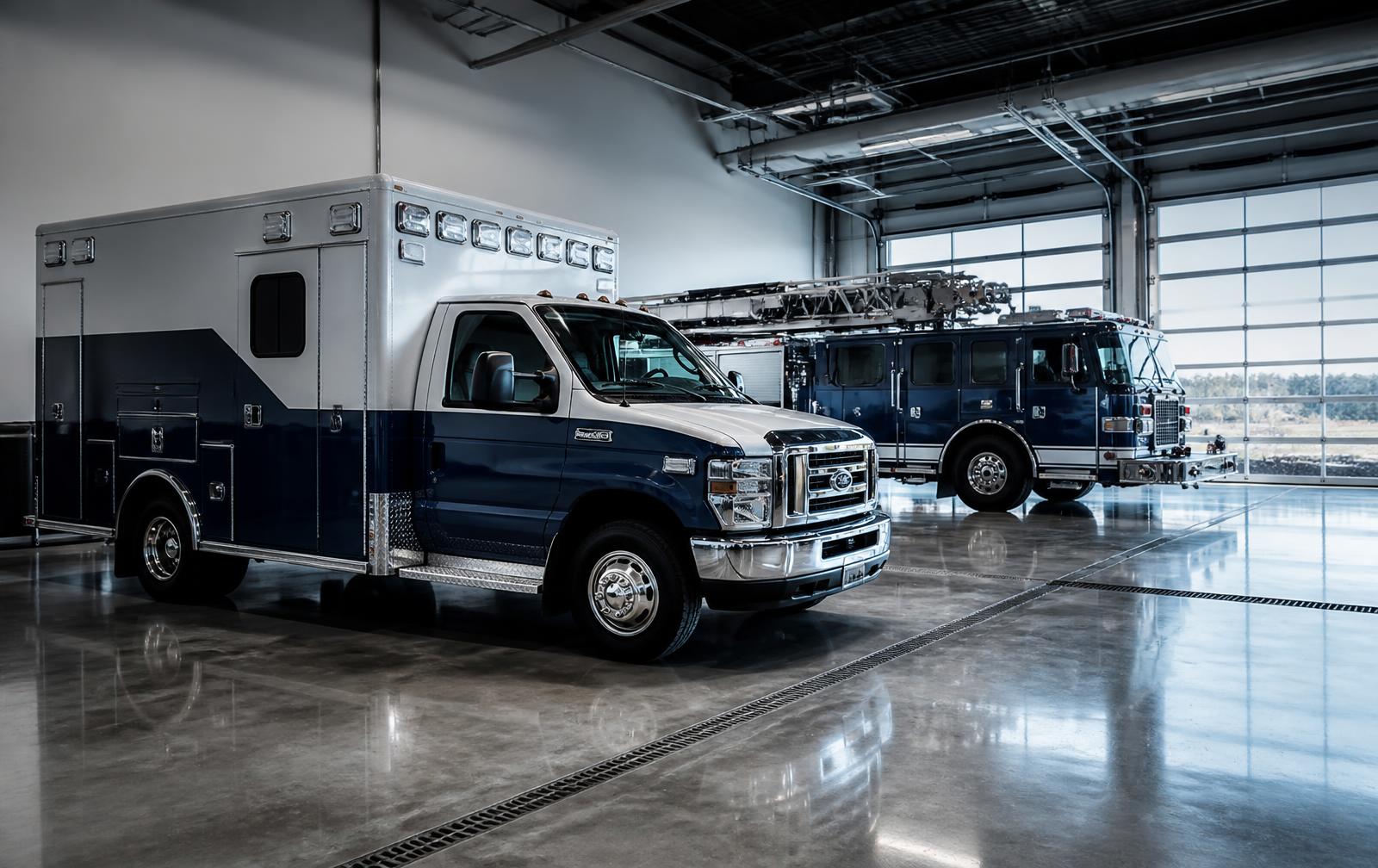 Ambulance and fire apparatus parked in a modern apparatus bay