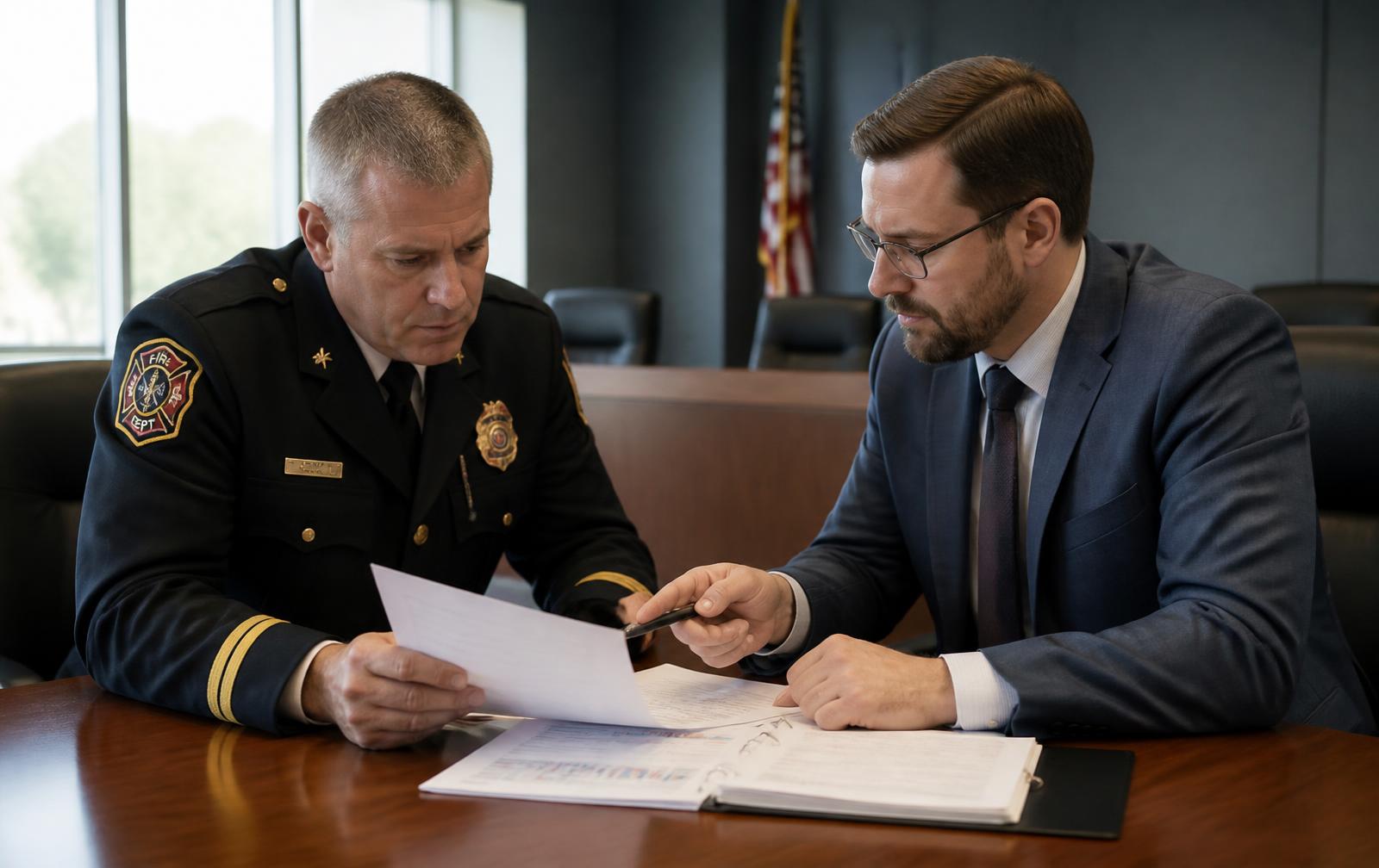 A fire chief reviewing financial reporting with a consultant in a municipal boardroom